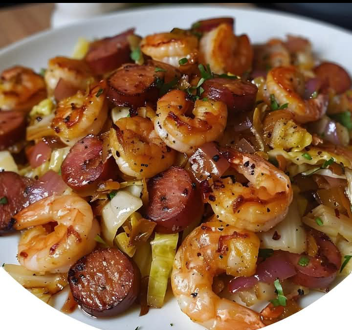 FRIED CABBAGE WITH SHRIMP, SAUSAGE & BACON
